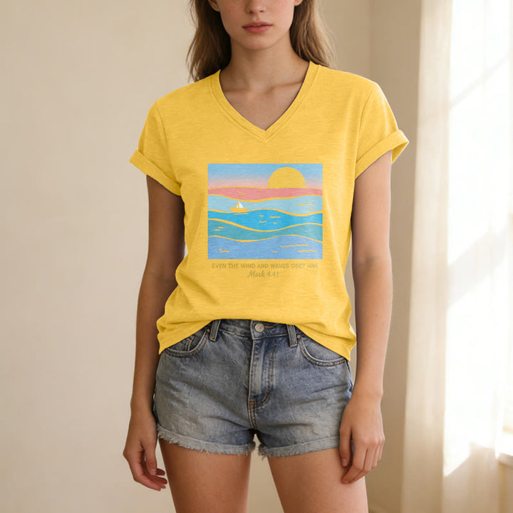 Christianartworkshop "Even The Wind And Waves Obey Him Mark 4:41" Ocean Sunset Graphic Casual V-neck T-shirt - image 15
