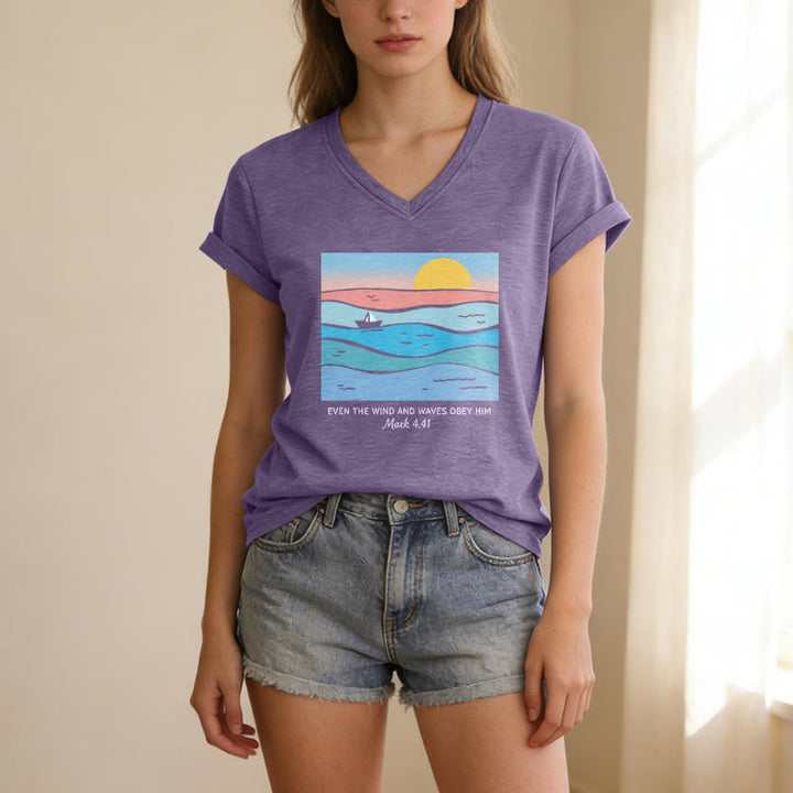 Christianartworkshop "Even The Wind And Waves Obey Him Mark 4:41" Ocean Sunset Graphic Casual V-neck T-shirt - image 5