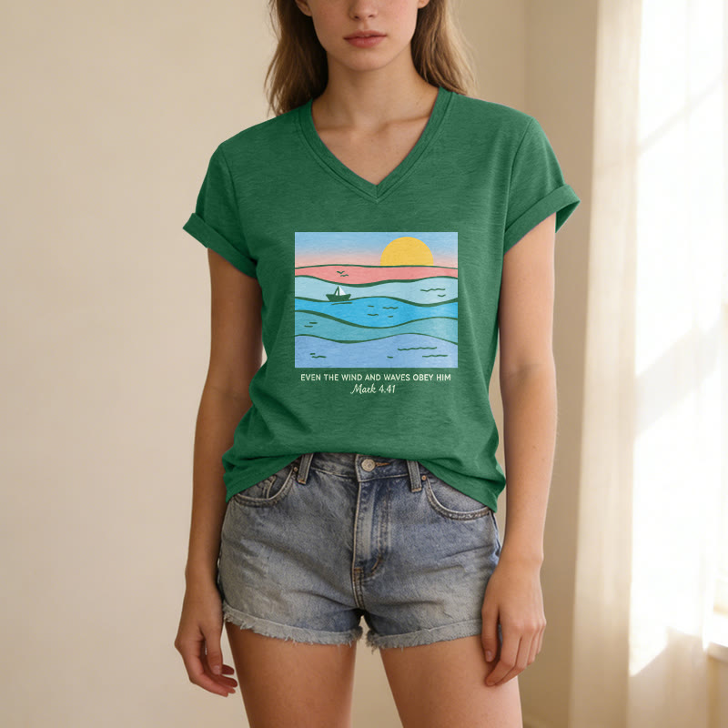 Christianartworkshop "Even The Wind And Waves Obey Him Mark 4:41" Ocean Sunset Graphic Casual V-neck T-shirt - image 23