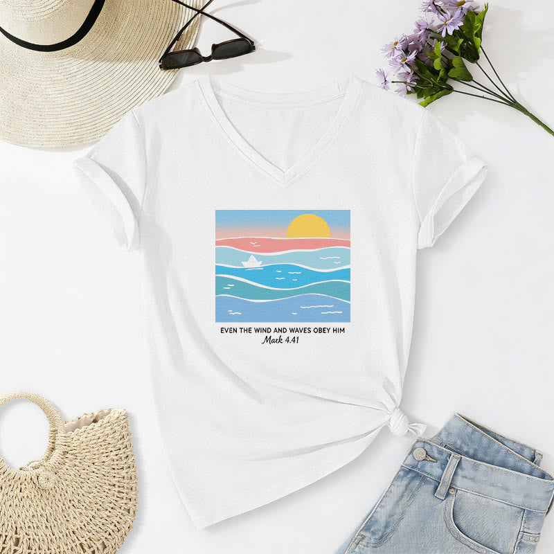 Christianartworkshop "Even The Wind And Waves Obey Him Mark 4:41" Ocean Sunset Graphic Casual V-neck T-shirt - White - 2XL - image 18