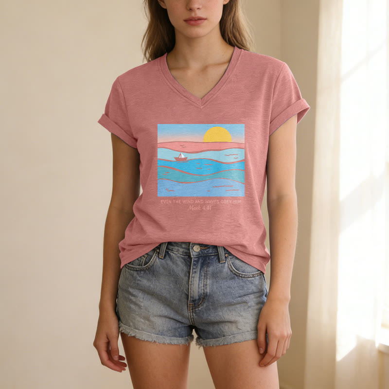 Christianartworkshop "Even The Wind And Waves Obey Him Mark 4:41" Ocean Sunset Graphic Casual V-neck T-shirt - image 11
