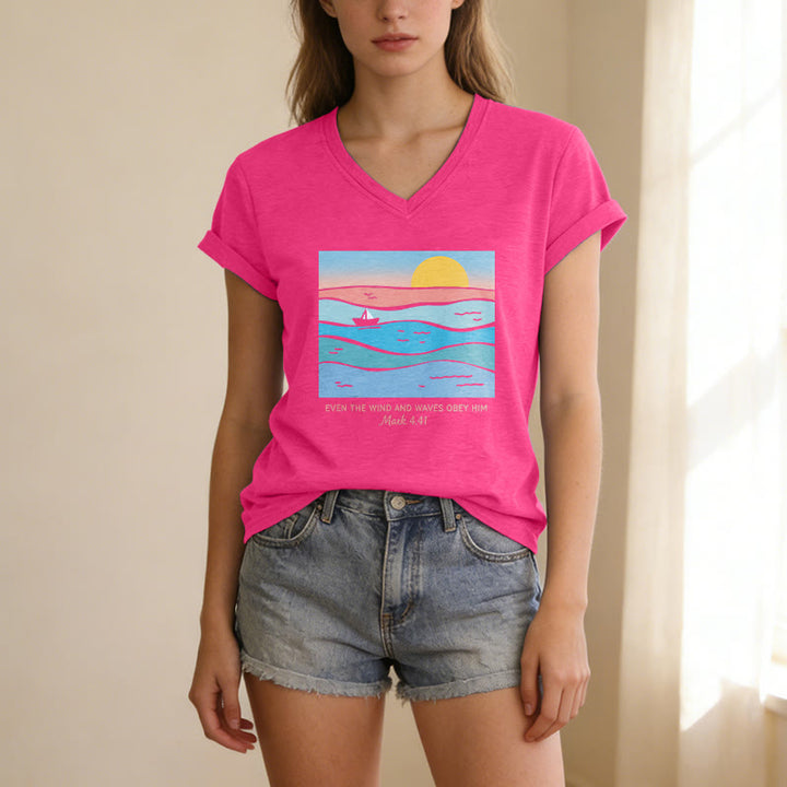 Christianartworkshop "Even The Wind And Waves Obey Him Mark 4:41" Ocean Sunset Graphic Casual V-neck T-shirt - image 3