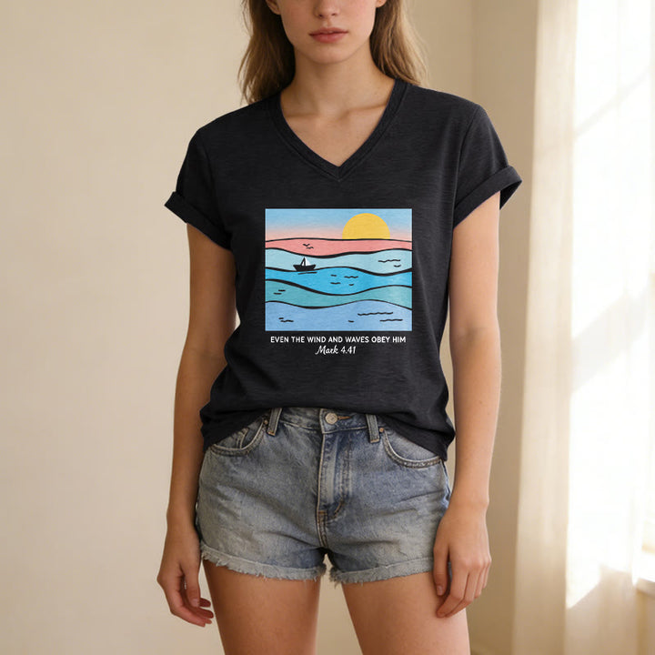 Christianartworkshop "Even The Wind And Waves Obey Him Mark 4:41" Ocean Sunset Graphic Casual V-neck T-shirt - image 13