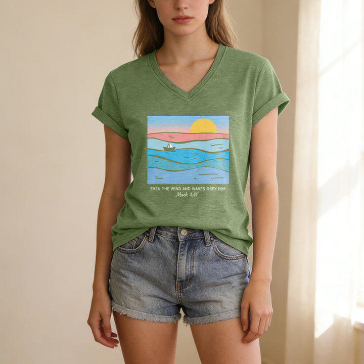 Christianartworkshop "Even The Wind And Waves Obey Him Mark 4:41" Ocean Sunset Graphic Casual V-neck T-shirt - image 17