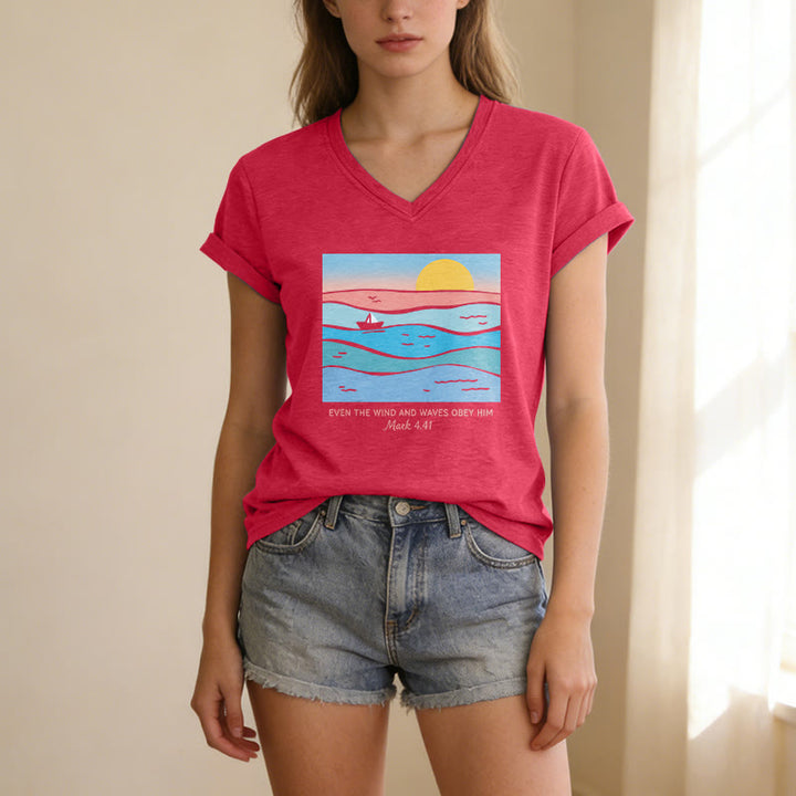 Christianartworkshop "Even The Wind And Waves Obey Him Mark 4:41" Ocean Sunset Graphic Casual V-neck T-shirt - image 25