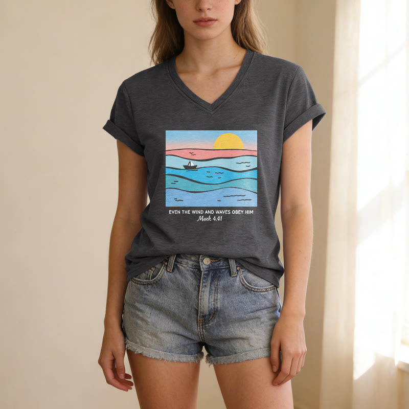 Christianartworkshop "Even The Wind And Waves Obey Him Mark 4:41" Ocean Sunset Graphic Casual V-neck T-shirt - image 9