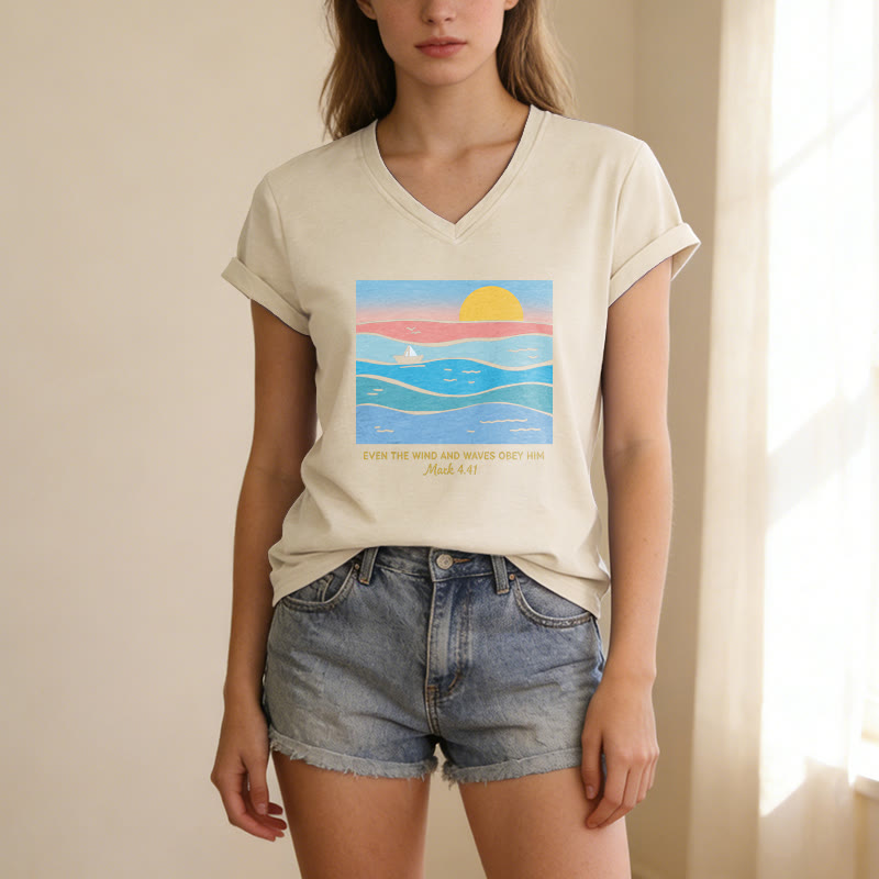 Christianartworkshop "Even The Wind And Waves Obey Him Mark 4:41" Ocean Sunset Graphic Casual V-neck T-shirt - image 1