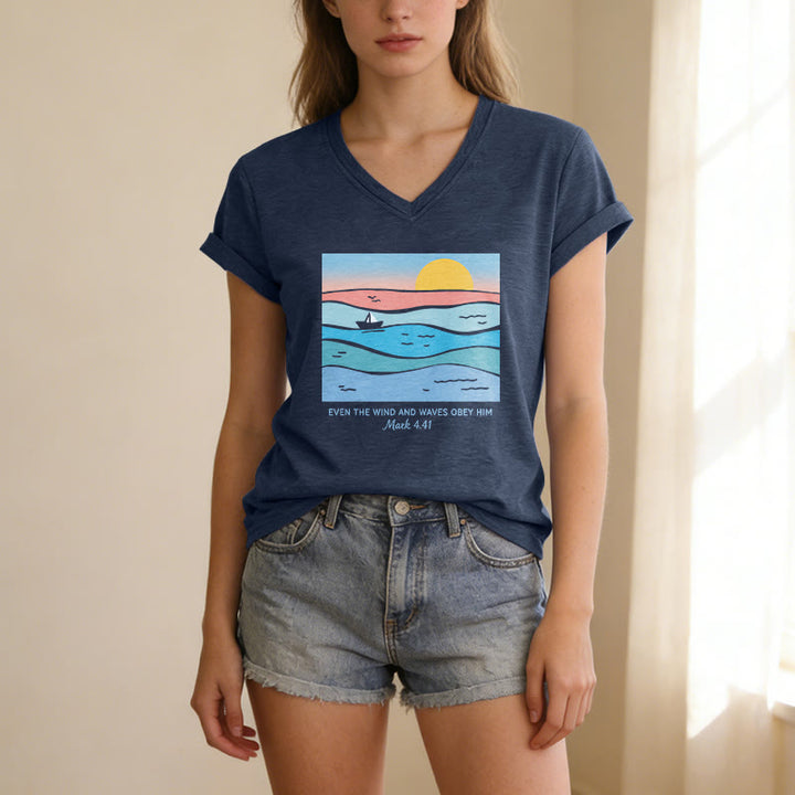 Christianartworkshop "Even The Wind And Waves Obey Him Mark 4:41" Ocean Sunset Graphic Casual V-neck T-shirt - image 7
