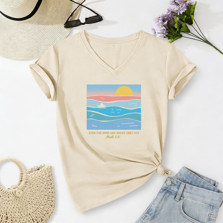 Christianartworkshop "Even The Wind And Waves Obey Him Mark 4:41" Ocean Sunset Graphic Casual V-neck T-shirt - Beige - 2XL - image 0