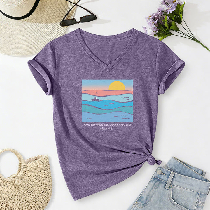 Christianartworkshop "Even The Wind And Waves Obey Him Mark 4:41" Ocean Sunset Graphic Casual V-neck T-shirt - Purple - 2XL - image 4