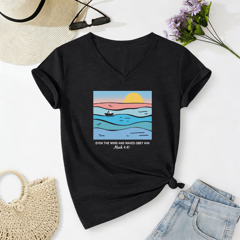 Christianartworkshop "Even The Wind And Waves Obey Him Mark 4:41" Ocean Sunset Graphic Casual V-neck T-shirt - Black - 2XL - image 12