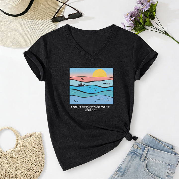Christianartworkshop "Even The Wind And Waves Obey Him Mark 4:41" Ocean Sunset Graphic Casual V-neck T-shirt - Black - 2XL - image 12