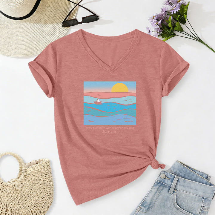 Christianartworkshop "Even The Wind And Waves Obey Him Mark 4:41" Ocean Sunset Graphic Casual V-neck T-shirt - Light Pink - 2XL - image 10