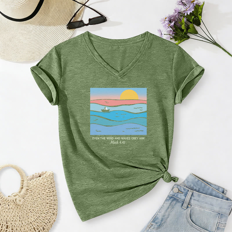 Christianartworkshop "Even The Wind And Waves Obey Him Mark 4:41" Ocean Sunset Graphic Casual V-neck T-shirt - Olive Green - 2XL - image 16