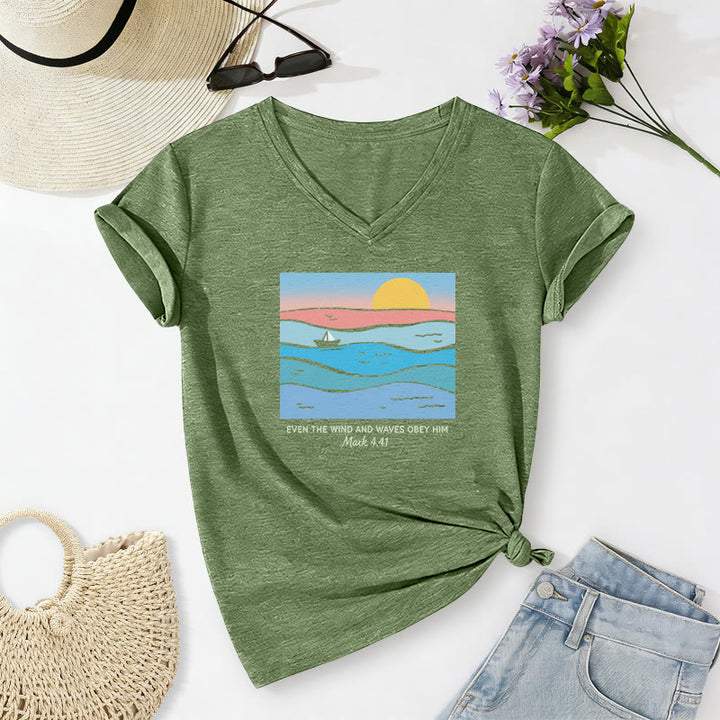 Christianartworkshop "Even The Wind And Waves Obey Him Mark 4:41" Ocean Sunset Graphic Casual V-neck T-shirt - Olive Green - 2XL - image 16