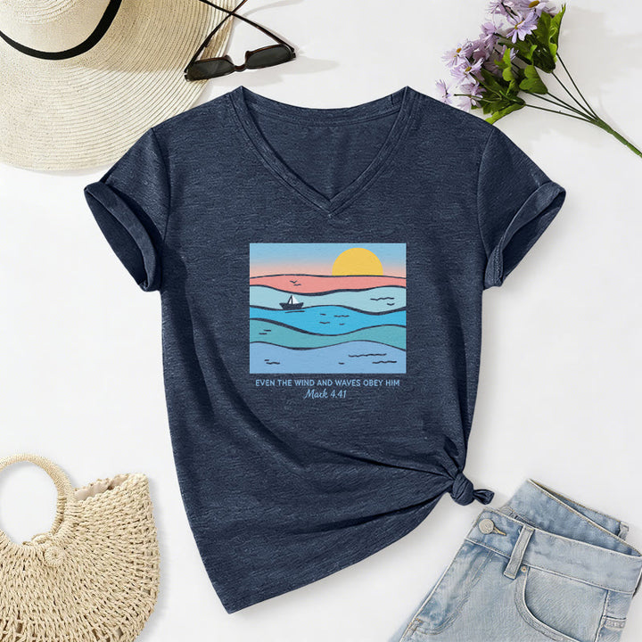 Christianartworkshop "Even The Wind And Waves Obey Him Mark 4:41" Ocean Sunset Graphic Casual V-neck T-shirt - Navy Blue - 2XL - image 6