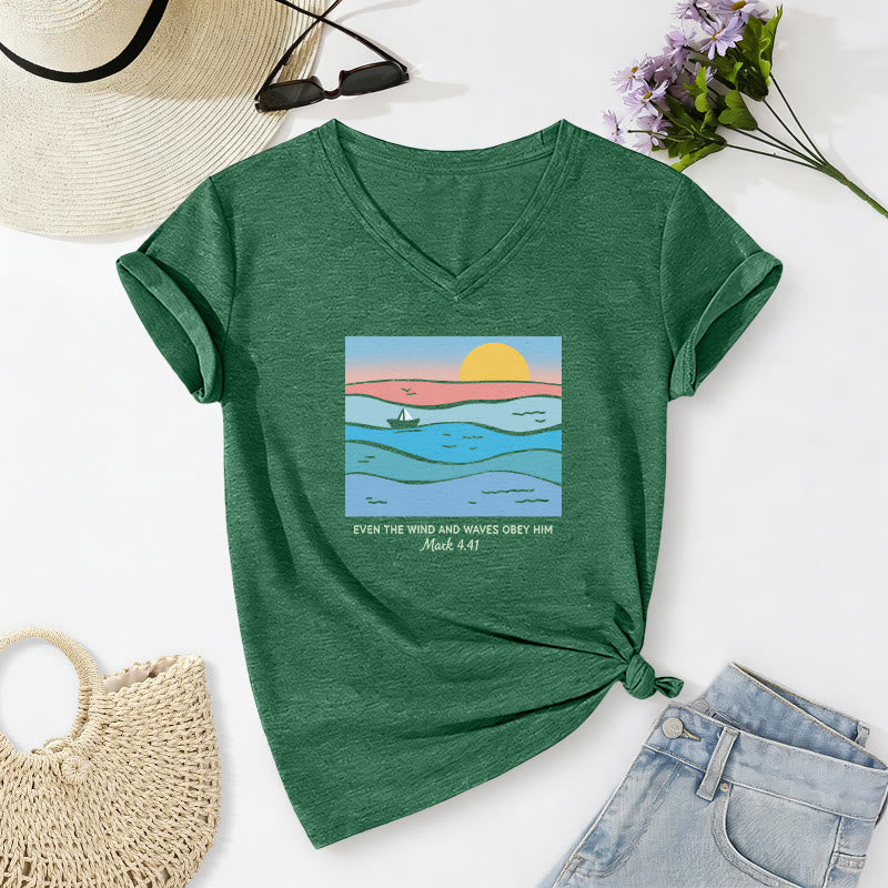 Christianartworkshop "Even The Wind And Waves Obey Him Mark 4:41" Ocean Sunset Graphic Casual V-neck T-shirt - Dark Green - 2XL - image 22