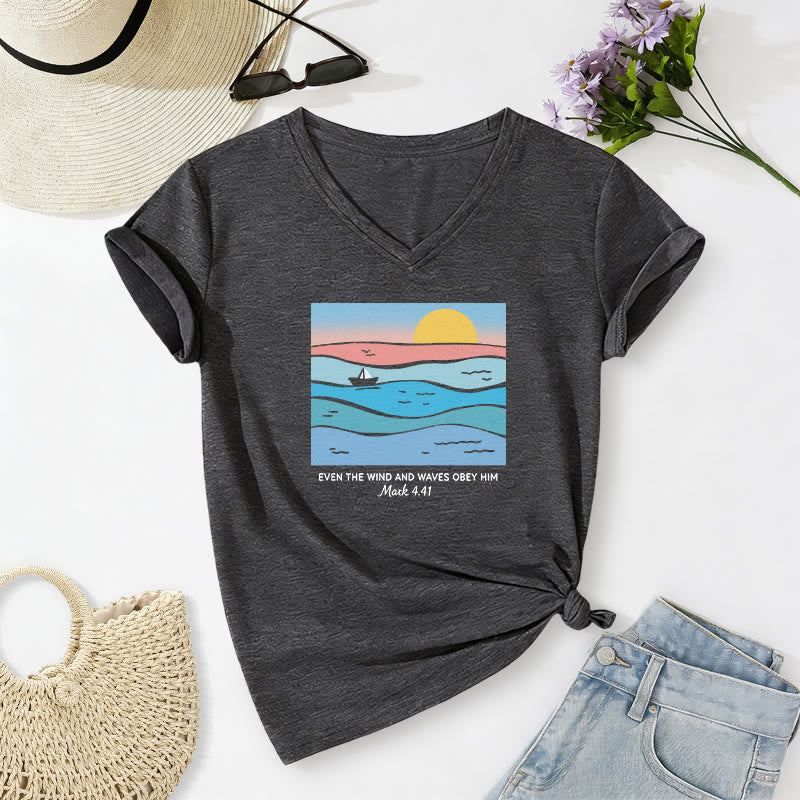 Christianartworkshop "Even The Wind And Waves Obey Him Mark 4:41" Ocean Sunset Graphic Casual V-neck T-shirt - Dark Grey - 2XL - image 8