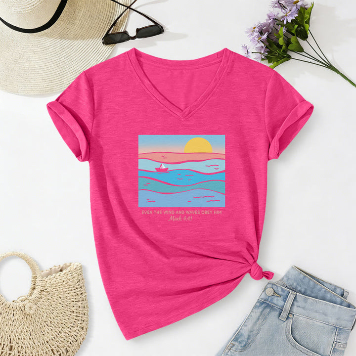 Christianartworkshop "Even The Wind And Waves Obey Him Mark 4:41" Ocean Sunset Graphic Casual V-neck T-shirt - Rose - 2XL - image 2