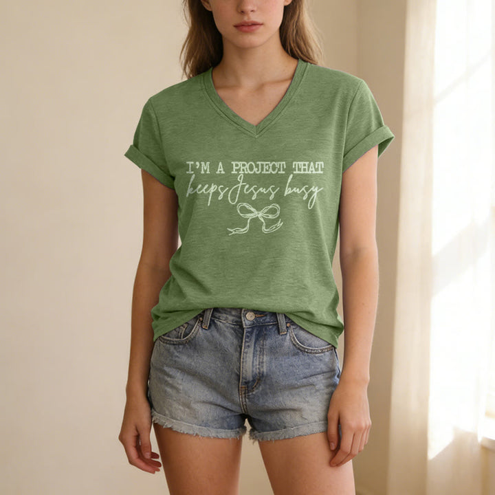 Christianartworkshop "I’m A Project That Keeps Jesus Busy" Bow Script Casual V-neck T-shirt - image 17