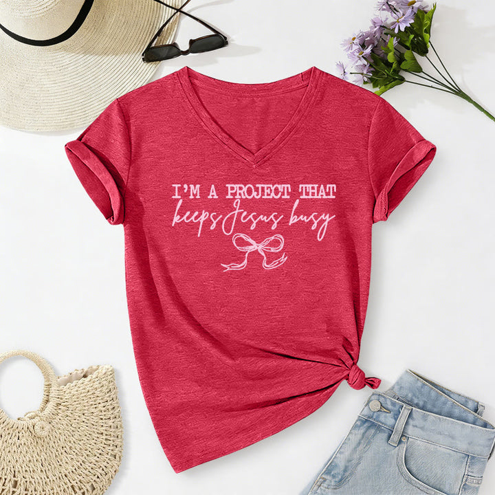 Christianartworkshop "I’m A Project That Keeps Jesus Busy" Bow Script Casual V-neck T-shirt - Red - 2XL - image 24