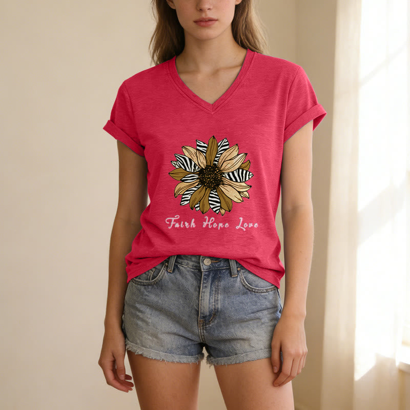 Christianartworkshop "Faith Hope Love" Zebra Print Sunflower Casual V-neck T-shirt - image 1
