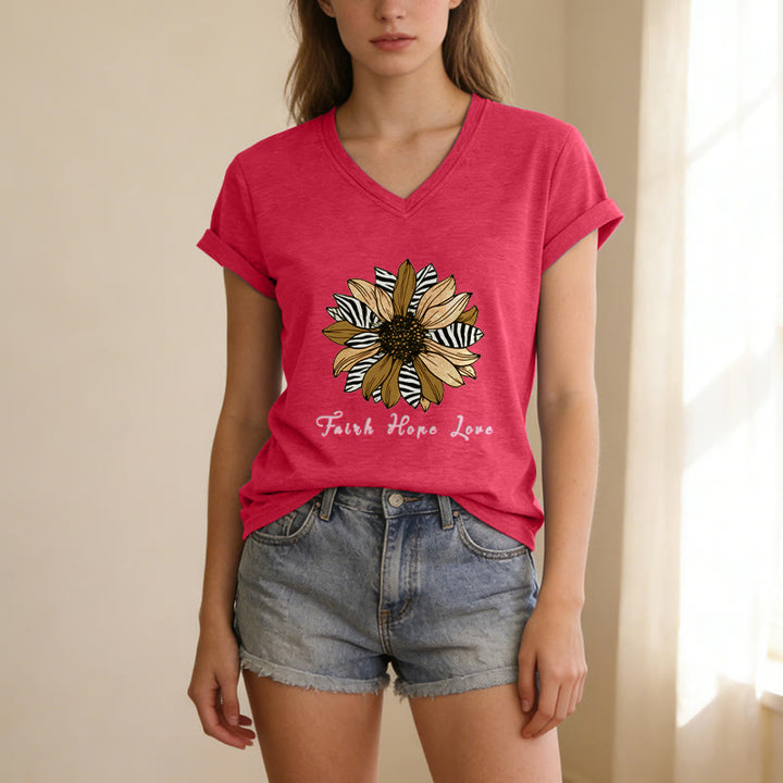 Christianartworkshop "Faith Hope Love" Zebra Print Sunflower Casual V-neck T-shirt - image 1