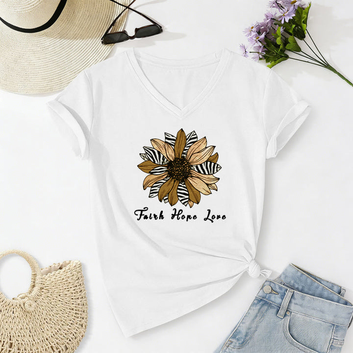 Christianartworkshop "Faith Hope Love" Zebra Print Sunflower Casual V-neck T-shirt - White - 2XL - image 20