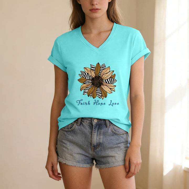 Christianartworkshop "Faith Hope Love" Zebra Print Sunflower Casual V-neck T-shirt - image 23