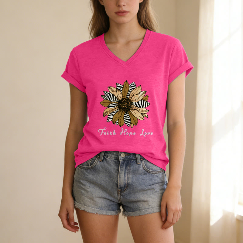 Christianartworkshop "Faith Hope Love" Zebra Print Sunflower Casual V-neck T-shirt - image 3