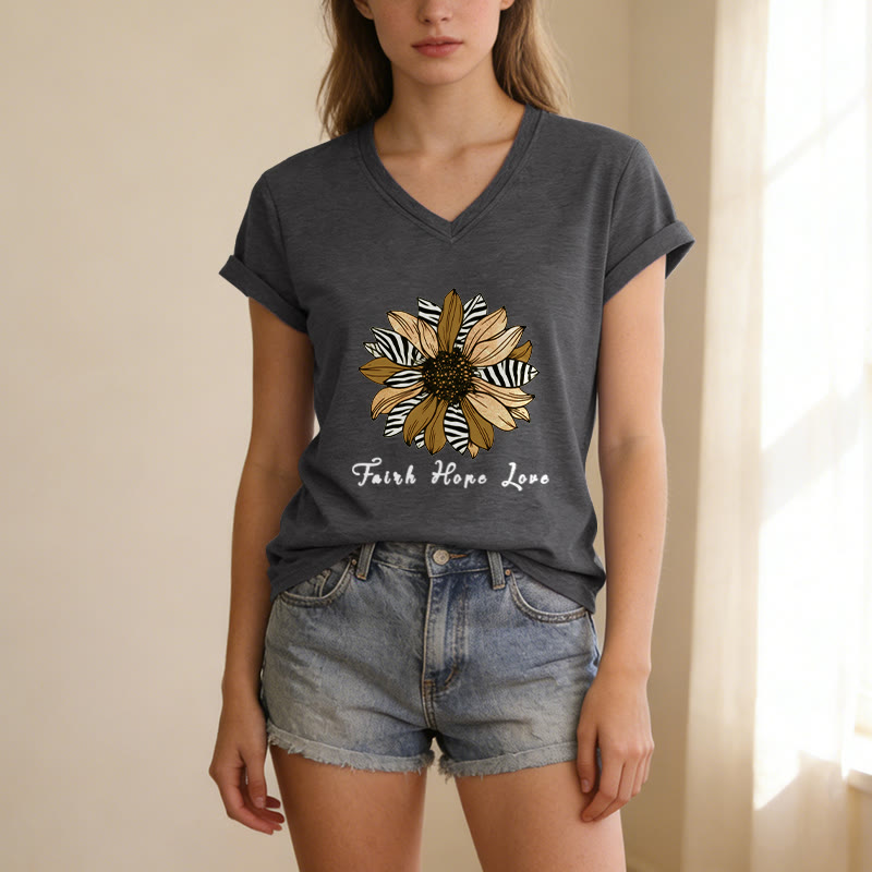 Christianartworkshop "Faith Hope Love" Zebra Print Sunflower Casual V-neck T-shirt - image 9