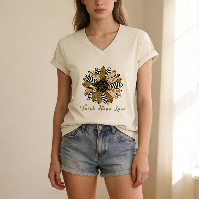 Christianartworkshop "Faith Hope Love" Zebra Print Sunflower Casual V-neck T-shirt - image 11