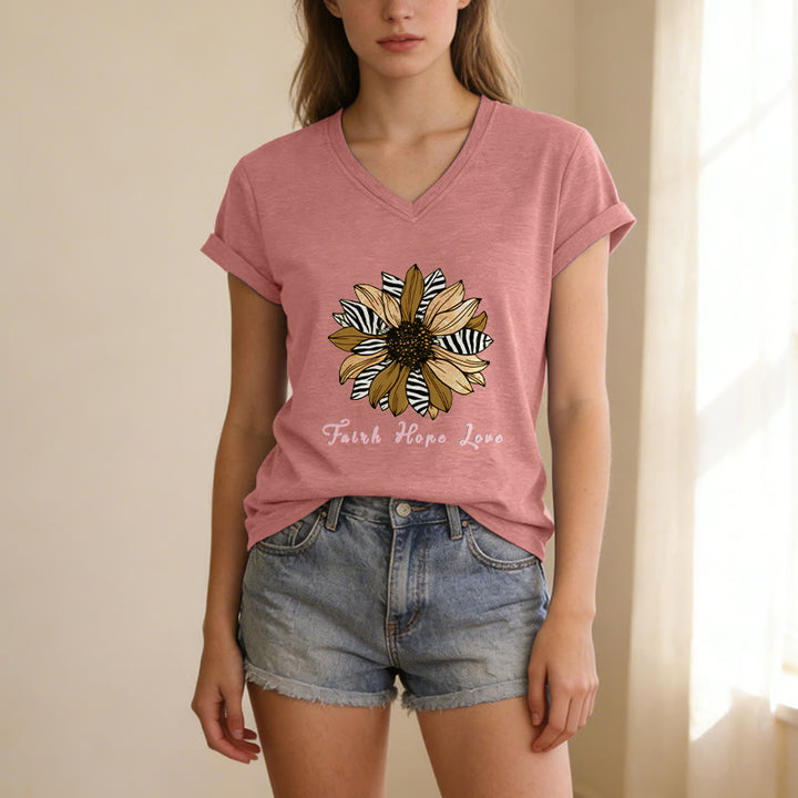 Christianartworkshop "Faith Hope Love" Zebra Print Sunflower Casual V-neck T-shirt - image 13