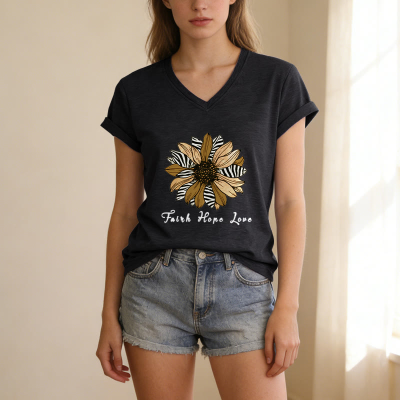 Christianartworkshop "Faith Hope Love" Zebra Print Sunflower Casual V-neck T-shirt - image 15
