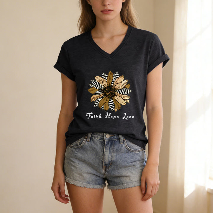 Christianartworkshop "Faith Hope Love" Zebra Print Sunflower Casual V-neck T-shirt - image 15