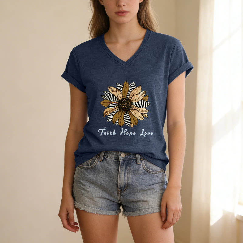 Christianartworkshop "Faith Hope Love" Zebra Print Sunflower Casual V-neck T-shirt - image 7