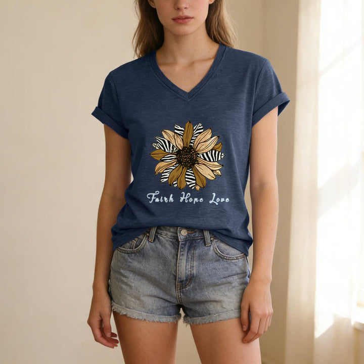 Christianartworkshop "Faith Hope Love" Zebra Print Sunflower Casual V-neck T-shirt - image 7