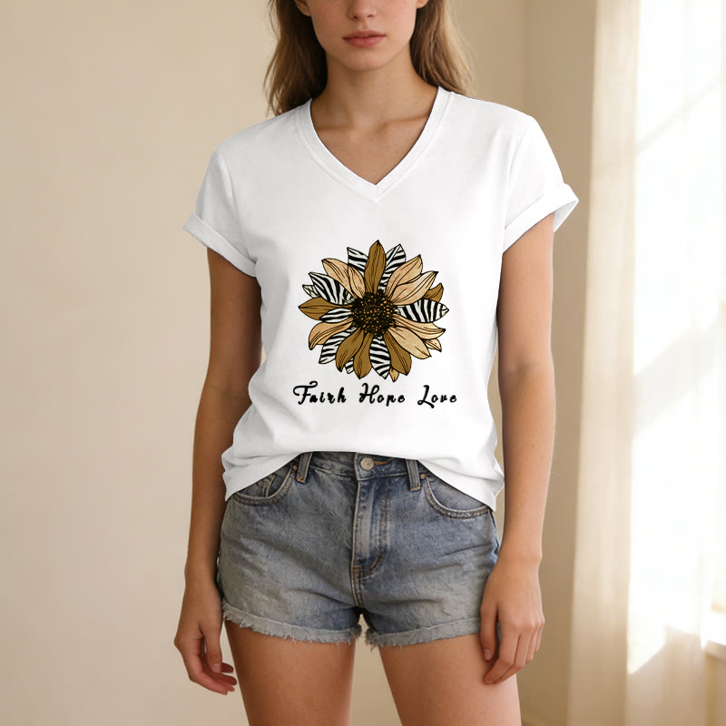 Christianartworkshop "Faith Hope Love" Zebra Print Sunflower Casual V-neck T-shirt - image 21