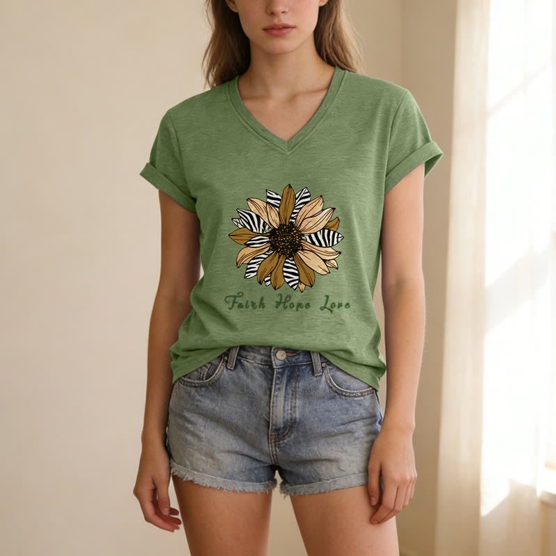 Christianartworkshop "Faith Hope Love" Zebra Print Sunflower Casual V-neck T-shirt - image 19