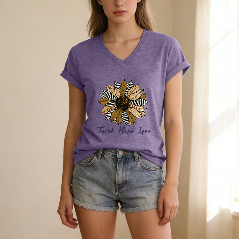 Christianartworkshop "Faith Hope Love" Zebra Print Sunflower Casual V-neck T-shirt - image 5