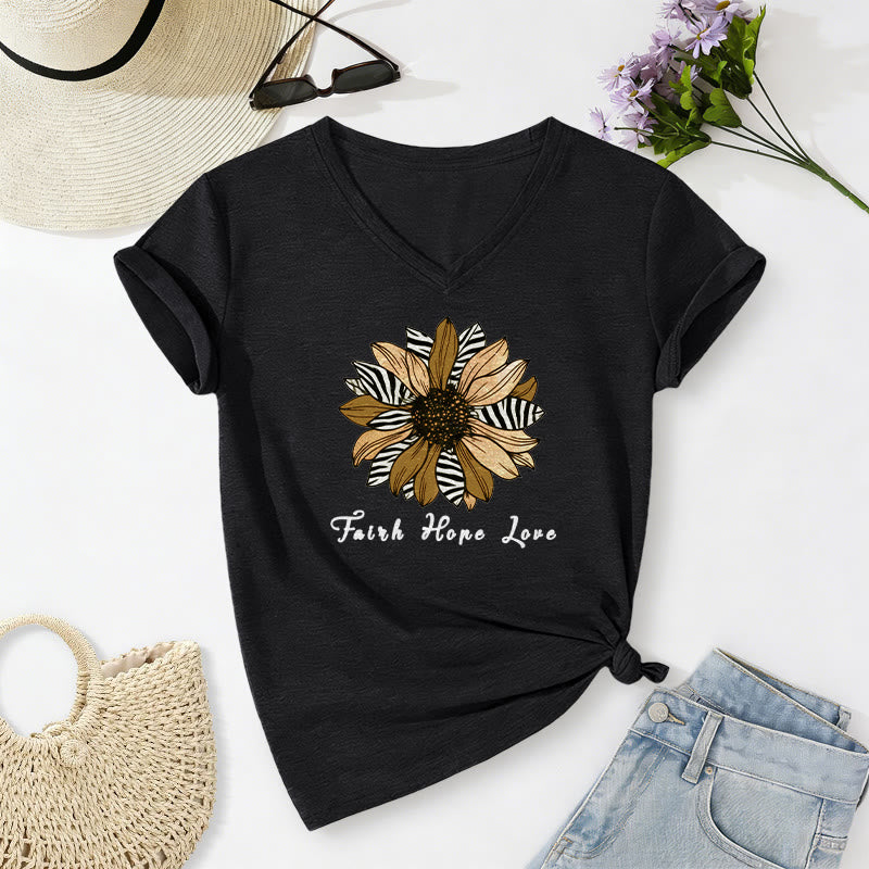 Christianartworkshop "Faith Hope Love" Zebra Print Sunflower Casual V-neck T-shirt - Black - 2XL - image 14
