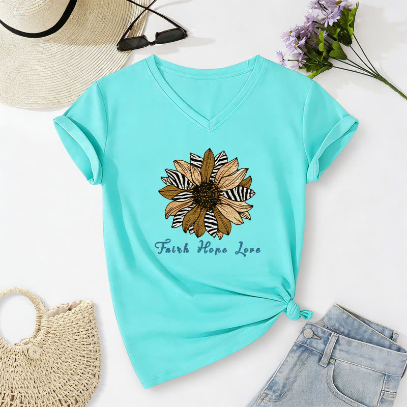 Christianartworkshop "Faith Hope Love" Zebra Print Sunflower Casual V-neck T-shirt - Sky Blue - 2XL - image 22