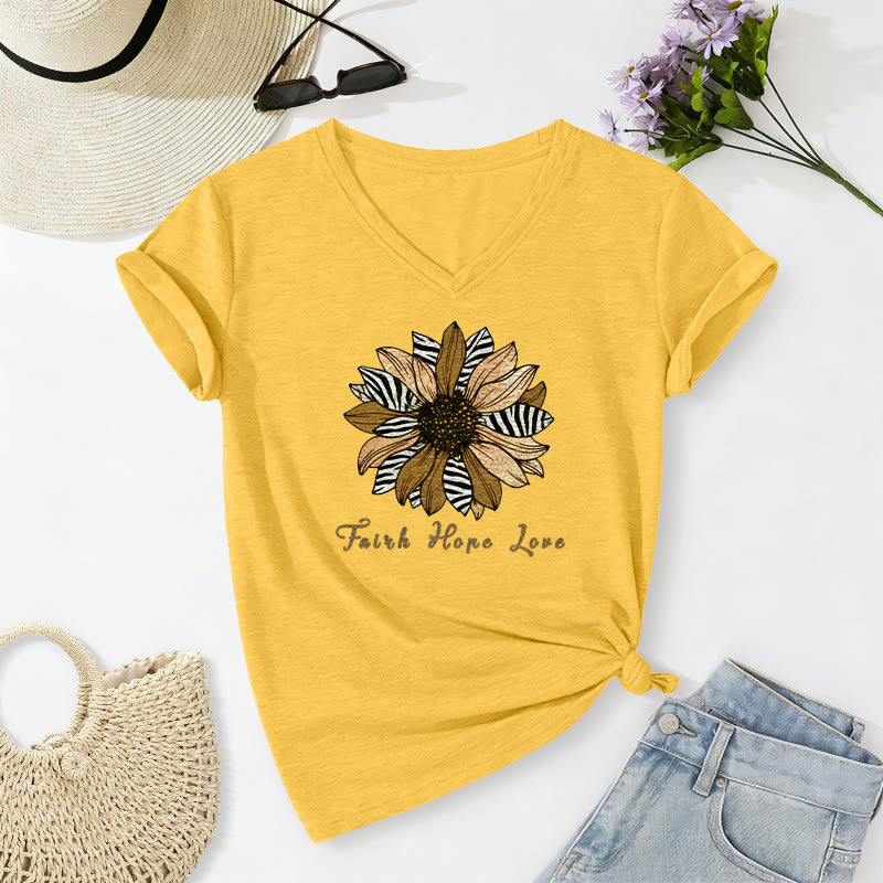 Christianartworkshop "Faith Hope Love" Zebra Print Sunflower Casual V-neck T-shirt - Yellow - 2XL - image 16