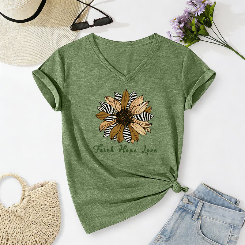 Christianartworkshop "Faith Hope Love" Zebra Print Sunflower Casual V-neck T-shirt - Olive Green - 2XL - image 18
