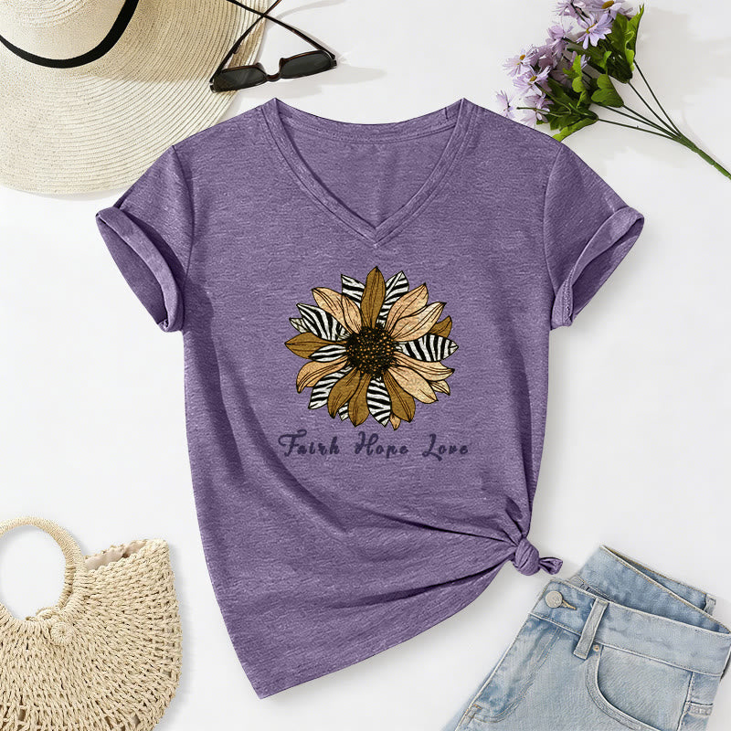 Christianartworkshop "Faith Hope Love" Zebra Print Sunflower Casual V-neck T-shirt - Purple - 2XL - image 4