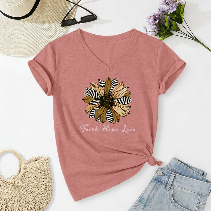 Christianartworkshop "Faith Hope Love" Zebra Print Sunflower Casual V-neck T-shirt - Light Pink - 2XL - image 12