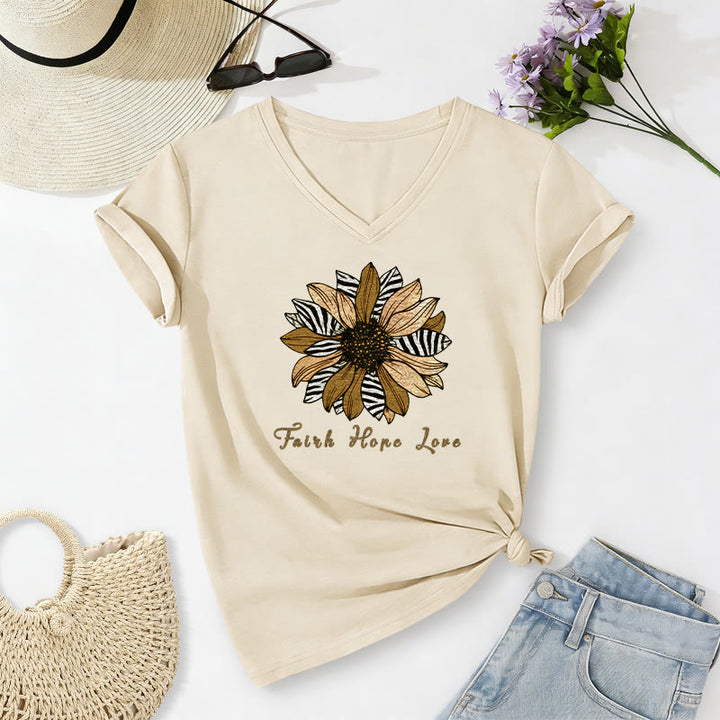 Christianartworkshop "Faith Hope Love" Zebra Print Sunflower Casual V-neck T-shirt - Beige - 2XL - image 10