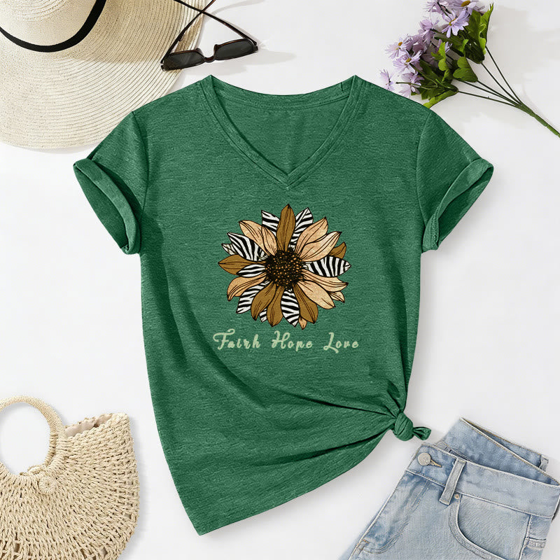 Christianartworkshop "Faith Hope Love" Zebra Print Sunflower Casual V-neck T-shirt - Dark Green - 2XL - image 24