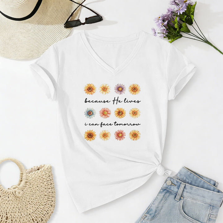 Christianartworkshop "Because He Lives I Can Face Tomorrow" Multi Daisy Floral Casual V-neck T-shirt - White - 2XL - image 20