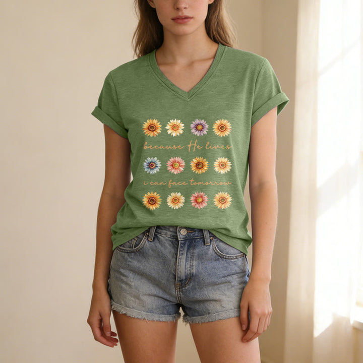 Christianartworkshop "Because He Lives I Can Face Tomorrow" Multi Daisy Floral Casual V-neck T-shirt - image 19